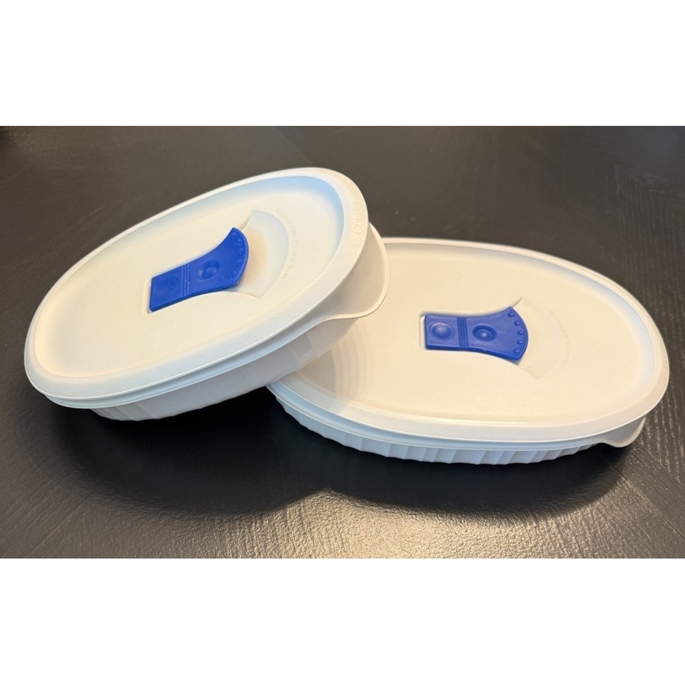 Corning Ware Set of 2 French White Individual Stoneware  & Seals 15 oz & 23 oz